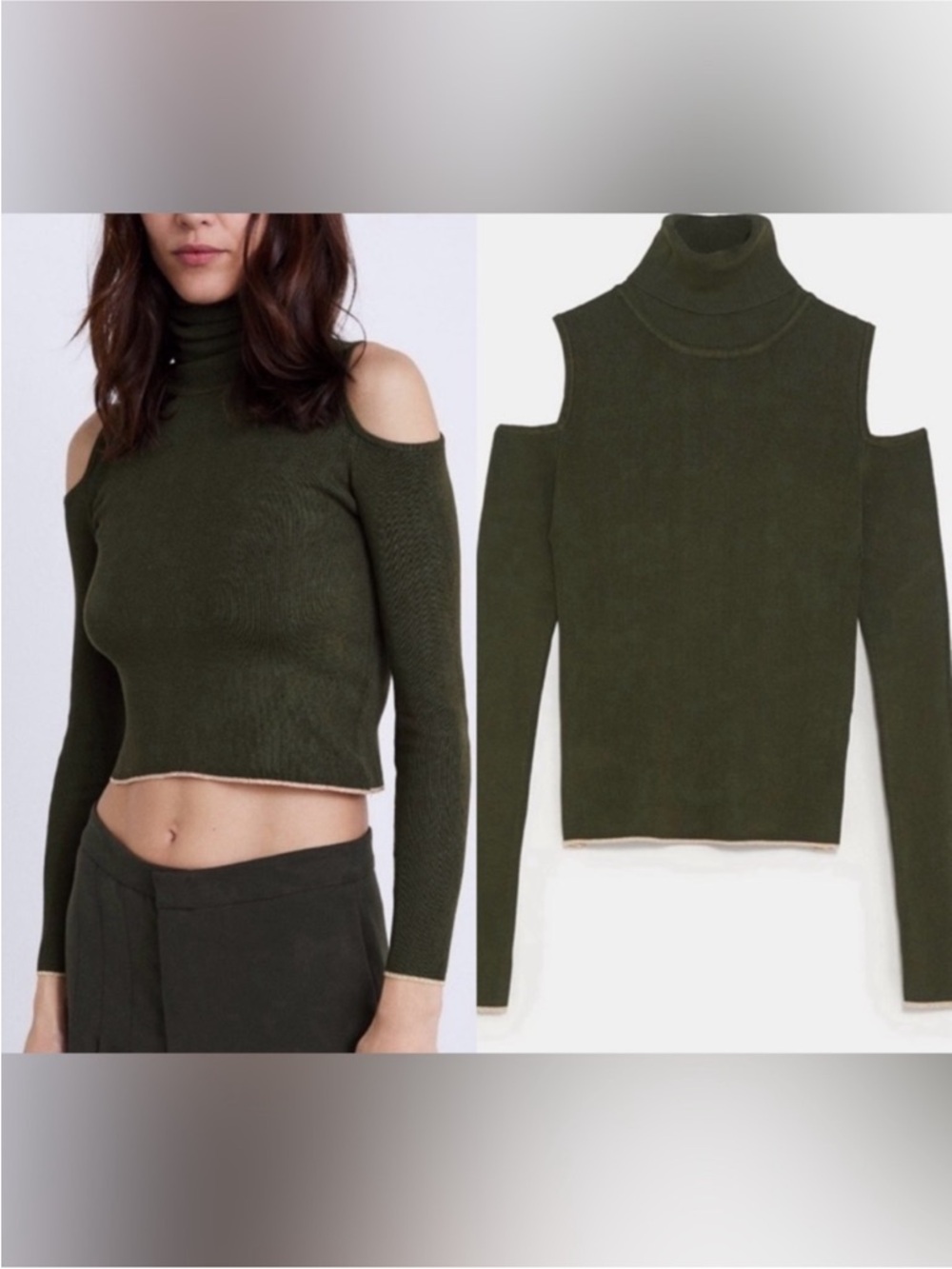 ZARA Cold-Shoulder Turtleneck Crop Sweater - Olive Green